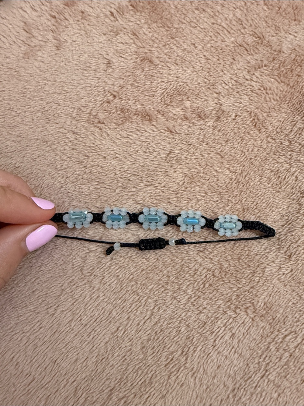 Handcrafted Black Cord Bracelet with Light Blue Beaded Flowers